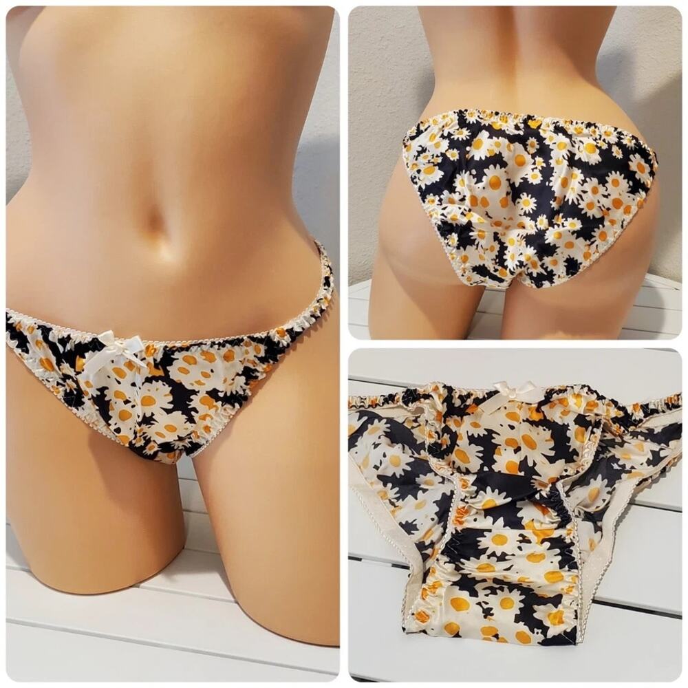 Liquid Satin String Bikini Panty Shiny Double Silk Floral Print Yellow Daisy